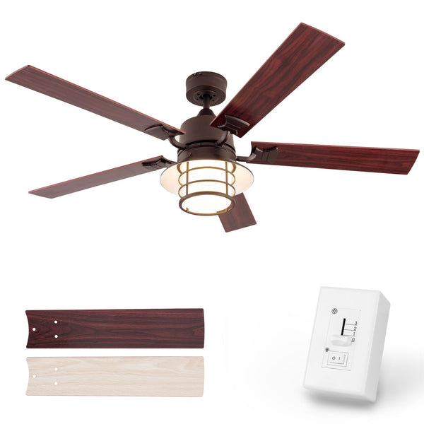 UHG 52’’ Farmhouse Indoor Ceiling Fan with LED Light, Reversible AC Motor, Wall Control, Walnut/Oak Reversible Blades and Oil Rubbed Bronze Finish