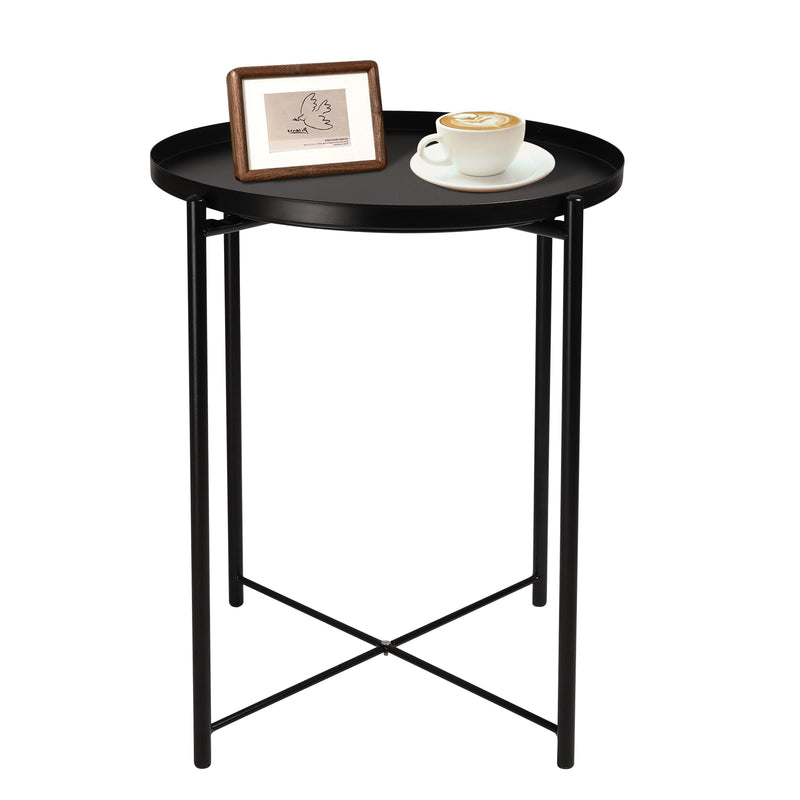 Round End Table, Small Metal Side Table with Removable Tray for Living Room Bedroom Balcony Patio and Office