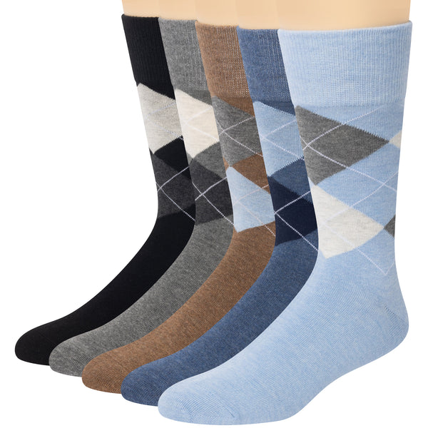 Men's Argyle Socks, Classic Cotton Dress Socks for Men, Casual Patterned Crew Socks, Colorful Dress Socks Work Outdoor Socks, Moisture Wicking Cotton Blend(5 Pack)