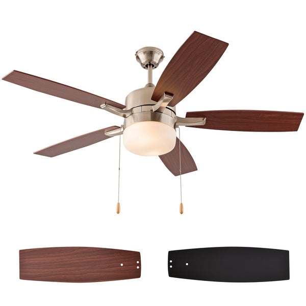 UHG 52’’ Modern Indoor Ceiling Fan with LED Light, Reversible AC Motor, Pull Chain Control, Walnut/Black  Reversible Blades and Brushed Nickel Finish