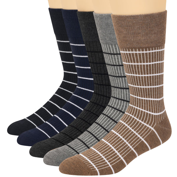 Men's Striped Socks, Classic Cotton Dress Socks for Men, Casual Patterned Crew Socks, Colorful Dress Socks Work Outdoor Socks, Moisture Wicking Cotton Blend(5 Pack)