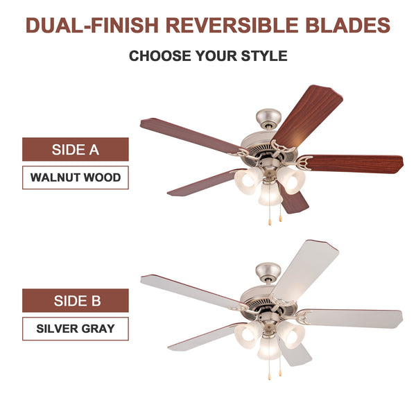 UHG 52’’ Vintage Indoor Ceiling Fan with 3 LED Lights, Reversible AC Motor, Pull Chain Control, Walnut/Silver Reversible Blades and Satin Nickel Finish