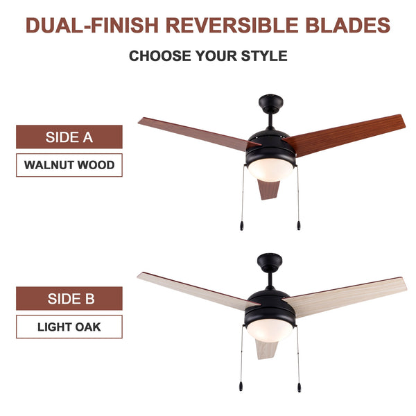 UHG 52’’ Contemporary Indoor Ceiling Fan with LED Light, Reversible AC Motor, Remote Control and Pull Chain, Walnut/Oak Reversible Blades and Matt Black Finish