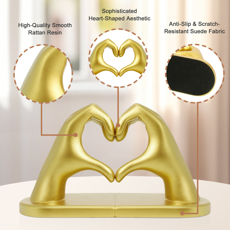 Kalmore Gold Love Hands Bookend, Heart-Shaped Resin Sculpture for Home and Office, Stylish Decor and Book Holder for Living Rooms and Bedrooms