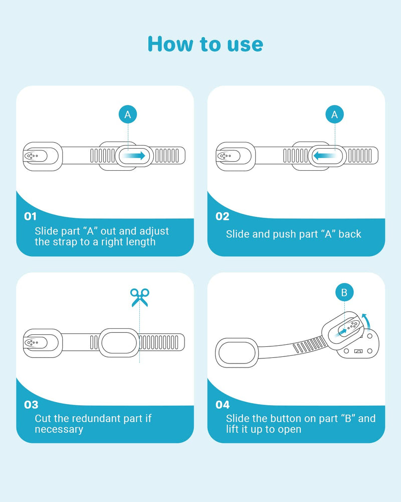 Child Safety Strap Locks (4 Pack) for Fridge, Cabinets, Drawers, Dishwasher, Toilet, 3M Adhesive No Drilling