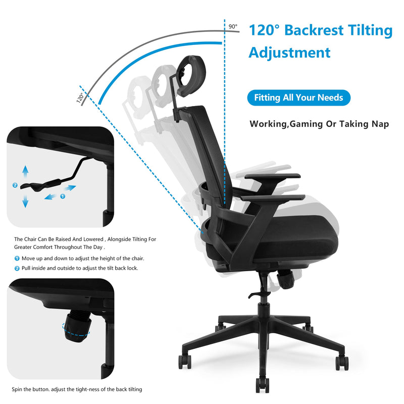 Ergonomic Adjustable Office Chair,High Back Home Desk Chair with Lumbar Support and Breathable Mesh, Thick Seat Cushion, Computer Chair with Adjustable seat height and Headrest