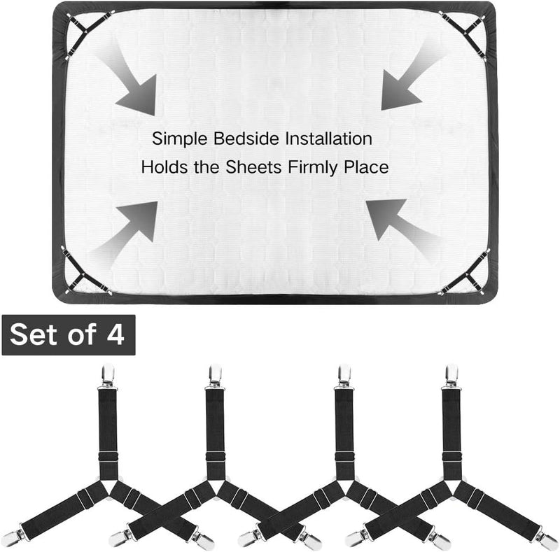 Bed Sheet Holder Straps, Sheet Straps Adjustable Elastic Fasteners, Bed Sheet Clips easily install, keep Sheets in Place, 4 Pcs/Set