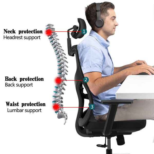 Ergonomic Adjustable Office Chair, High Back Home Desk Chair with Lumbar Support and Breathable Mesh, Thick Seat Cushion, Computer Chair with Adjustable seat height, Headrest and lumbar support height