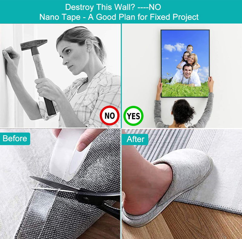 Nano Tape，3 PCS Transparent Nano Seamless Magic Double-Sided Tape, Multipurpose Removable Mounting Adhesive Grip Tape for Carpets, Hooks, Albums, Pictures, Plugboards, 3.28 Ft /Roll