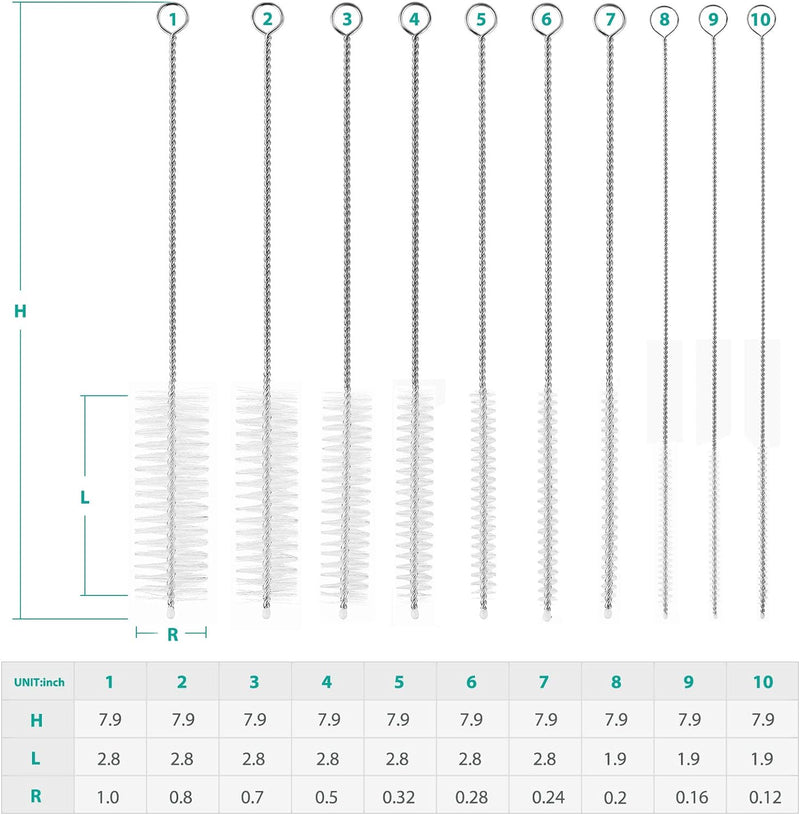 Bottle Brush, Straw Cleaner Brush, 2mm-24mm diameter /8.2 inch length Nylon Tube Brush Set, Set of 10pcs