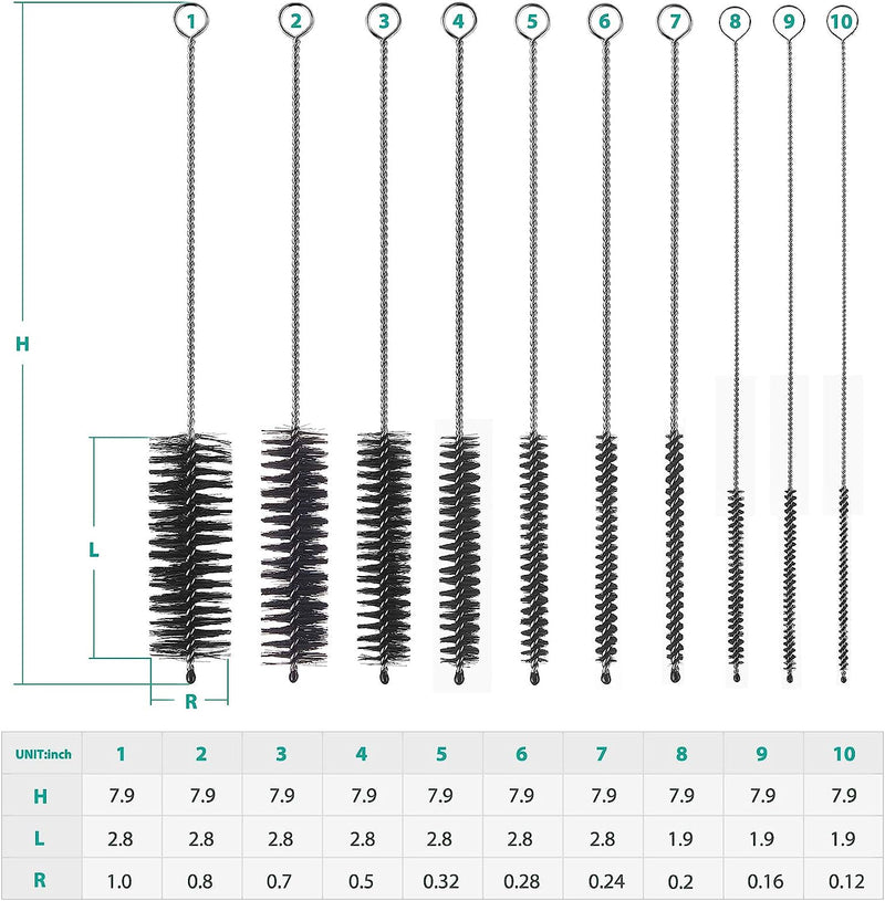 Bottle Brush, Straw Cleaner Brush, 2mm-24mm diameter /8.2 inch length Nylon Tube Brush Set, Set of 10pcs