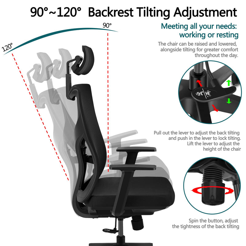 Ergonomic Adjustable Office Chair, High Back Home Desk Chair with Lumbar Support and Breathable Mesh, Thick Seat Cushion, Computer Chair with Adjustable seat height, Headrest and lumbar support height