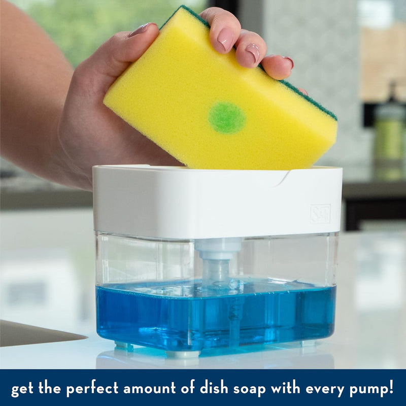 Dish Soap Dispenser and Sponge Holder for Kitchen Sink, 2 in 1 Soap Pump Dispenser with 1 Sponge, 2 PCS