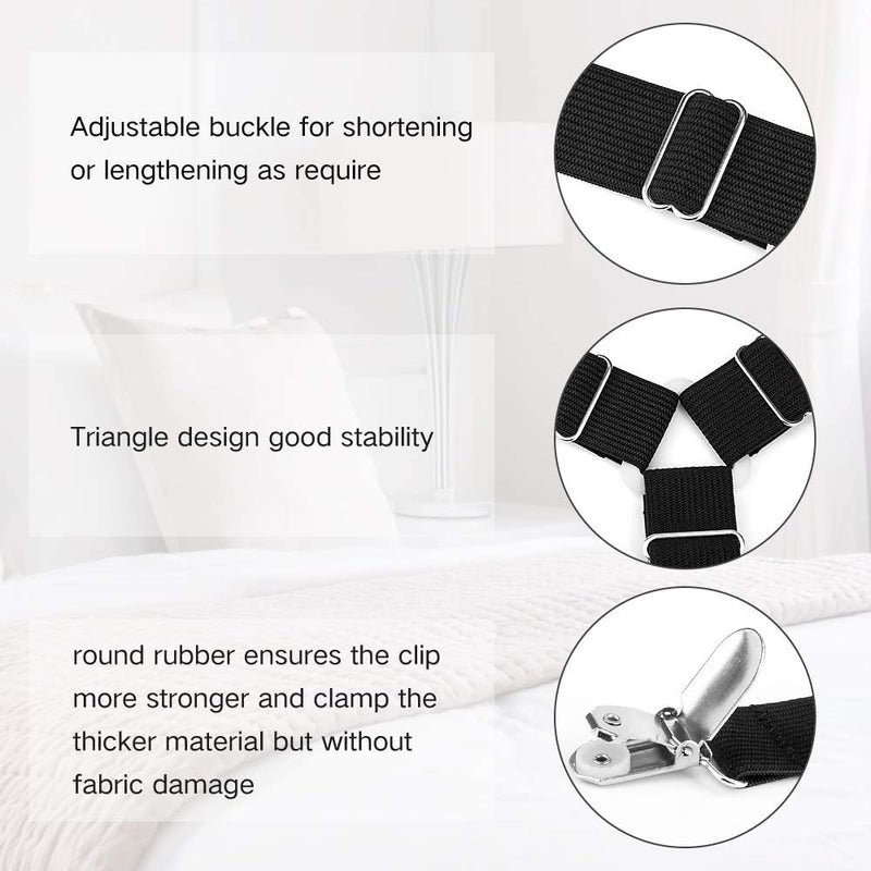 Bed Sheet Holder Straps, Sheet Straps Adjustable Elastic Fasteners, Bed Sheet Clips easily install, keep Sheets in Place, 4 Pcs/Set