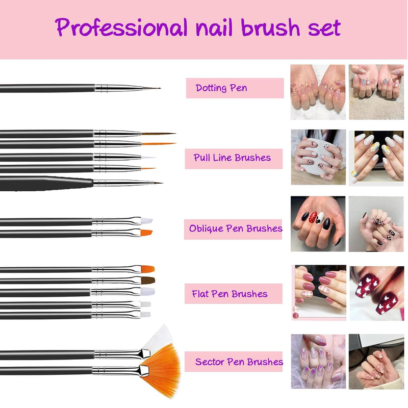 Set of 15 Nail Art Brushes, Professional Nail Art Pens for Painting Nails, 7.9 Inches Length Acrylic Nail Painting Brushes for DIY   Dotting Tool