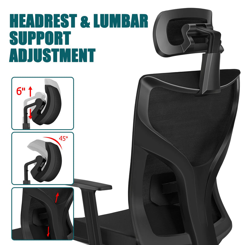 Ergonomic Adjustable Office Chair, High Back Home Desk Chair with Lumbar Support and Breathable Mesh, Thick Seat Cushion, Computer Chair with Adjustable seat height, Headrest and lumbar support height