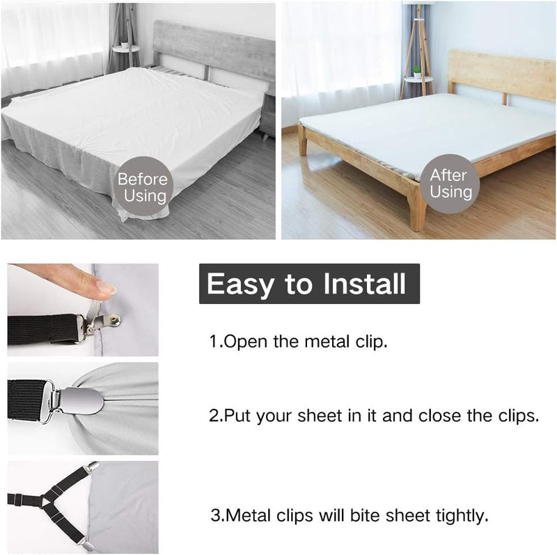 Bed Sheet Holder Straps, Sheet Straps Adjustable Elastic Fasteners, Bed Sheet Clips easily install, keep Sheets in Place, 4 Pcs/Set