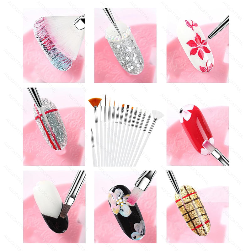 Set of 15 Nail Art Brushes, Professional Nail Art Pens for Painting Nails, 7.9 Inches Length Acrylic Nail Painting Brushes for DIY   Dotting Tool