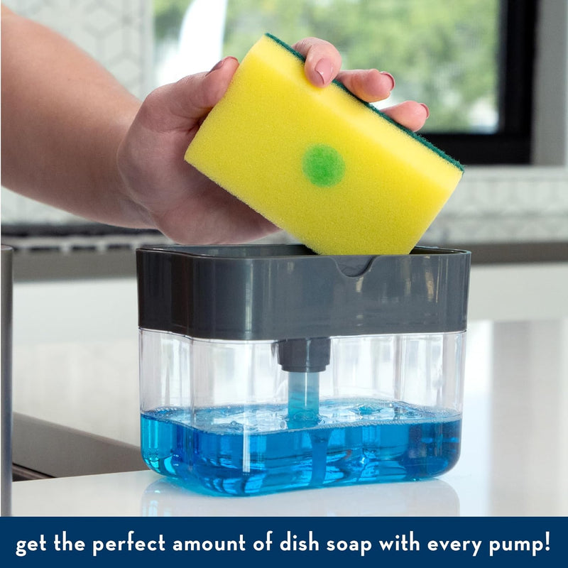 Dish Soap Dispenser and Sponge Holder for Kitchen Sink, 2 in 1 Soap Pump Dispenser with 1 Sponge, 2 PCS