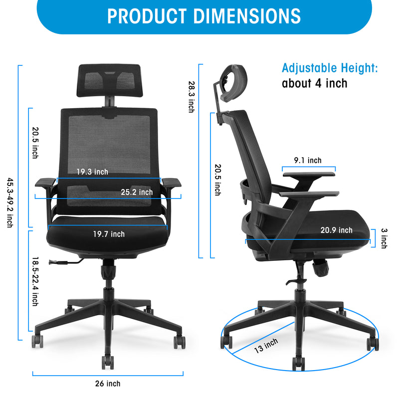 Ergonomic Adjustable Office Chair,High Back Home Desk Chair with Lumbar Support and Breathable Mesh, Thick Seat Cushion, Computer Chair with Adjustable seat height and Headrest