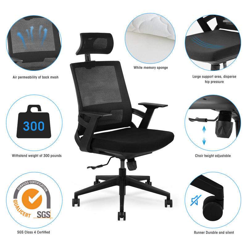 Ergonomic Adjustable Office Chair,High Back Home Desk Chair with Lumbar Support and Breathable Mesh, Thick Seat Cushion, Computer Chair with Adjustable seat height and Headrest