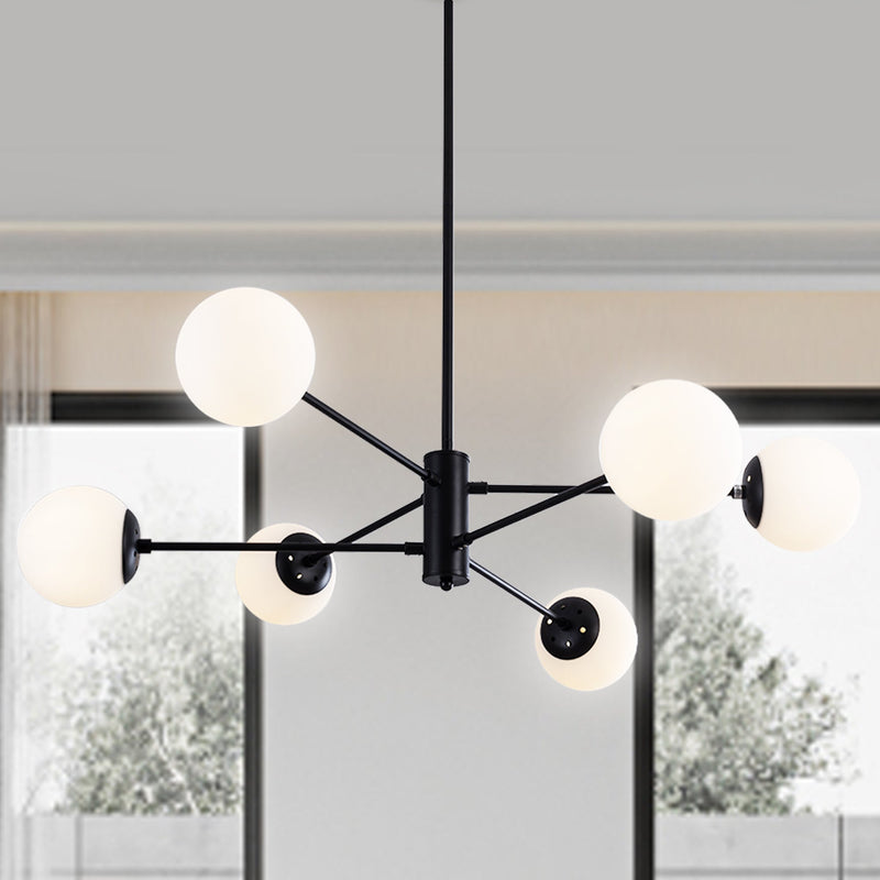 UHG 6-Light Sputnik Chandelier with Milk Glass Shades for Bedroom, Modern Farmhouse Pendant Lighting for Living&Dining Room Foyer Entryway, Globe Mid Century Flush Mount Ceiling Light Fixture for Kitchen Island Hallway(Black)