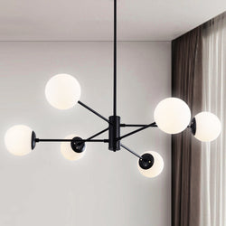 UHG 6-Light Sputnik Chandelier with Milk Glass Shades for Bedroom, Modern Farmhouse Pendant Lighting for Living&Dining Room Foyer Entryway, Globe Mid Century Flush Mount Ceiling Light Fixture for Kitchen Island Hallway(Black)