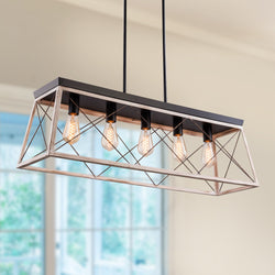 UHG 5-Light  Metal Pendant Lightingfor Kitchen Island, Rustic Rectangular  Flush Mount Ceiling Light Fixture for Living&Dining Room Foyer Entryway, Height Adjustable Farmhouse Chandelier for Bedroom Hallway