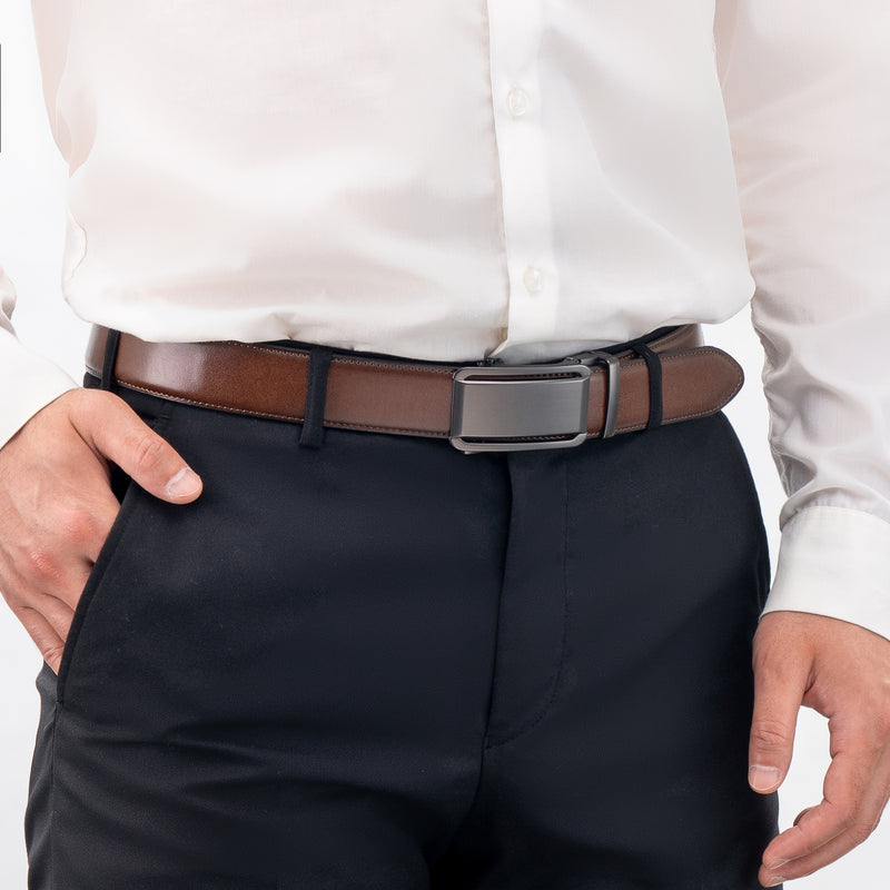 Men's Belt, KM Legend Leather Ratchet Dress Belt for Men, Jeans Belt with Adjustable Buckle, 36” to 38” Trim to Fit for Your Size