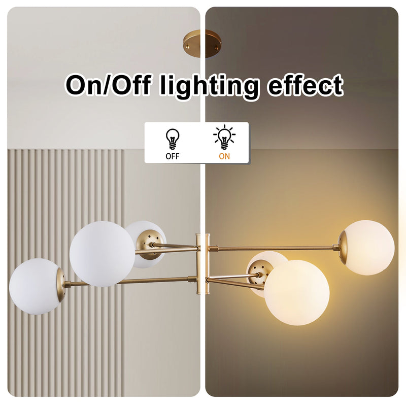 UHG 6-Light Modern Farmhouse Pendant Lightingwith Milk Glass Shades for Bedroom, Globe Mid Century Flush Mount Ceiling Light Fixture for Living&Dining Room Foyer Entryway,  Sputnik Chandelier for Kitchen Island Hallway(Gold)