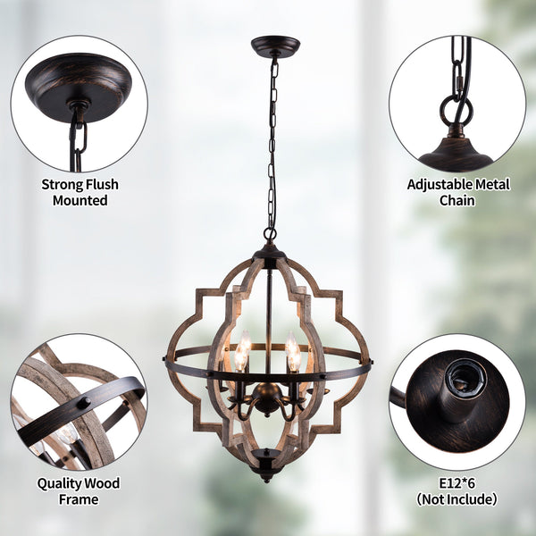 UHG Orb Candle 6-Light Chandelier in Wood Color Painted Finish, Rustic Farmhouse Flush Mount Metal Pendant LightingFixture, Height Adjustable Ceiling Light  for Dining&Living Room Bedroom Hallway Kitchen Island Foyer Entryway