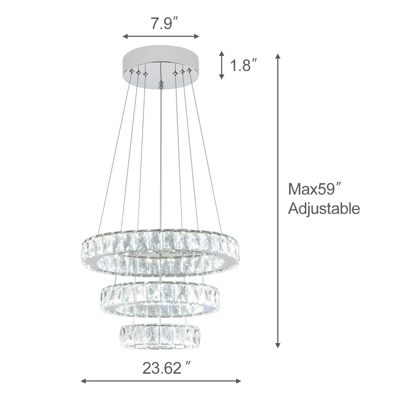 LED Crystal Chandeliers, Modern Ceiling Lights Fixture, Adjustable Stainless Steel Chrome Pendant Light, Rings Hanging Lights for Bedroom Living Room Dining Room