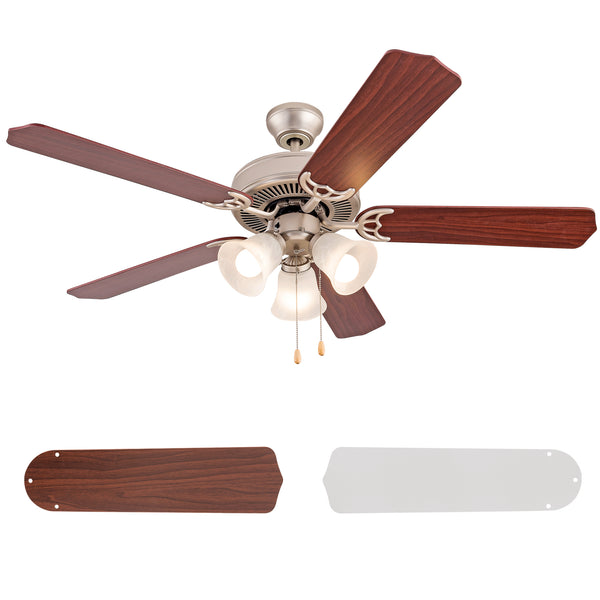 Simpol Home 52’’ Vintage Indoor Ceiling Fan with 3 LED Lights, Pull Chain Control, Reversible AC Motor, Walnut/Silver Reversible Blades and Satin Nickel Finish