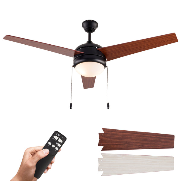 Simpol Home 52’’ Contemporary Indoor Ceiling Fan with LED Light, Pull Chain and Remote Control, Reversible AC Motor, Walnut/Oak Reversible Blades and Matt Black Finish