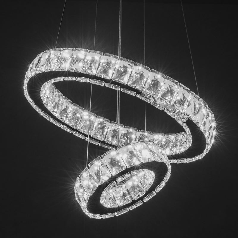 LED Crystal Chandeliers，Modern Ceiling Lights Fixture, Adjustable Stainless Steel Chrome Pendant Light，Rings Hanging Lights for Bedroom Living Room Dining Room