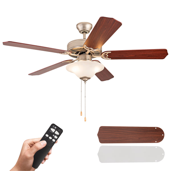 Simpol Home 52’’ Classic Indoor Ceiling Fan with LED Light, Pull Chain and Remote Control, Reversible AC Motor, Walnut/Silver Reversible Blades and Satin Nickel Finish