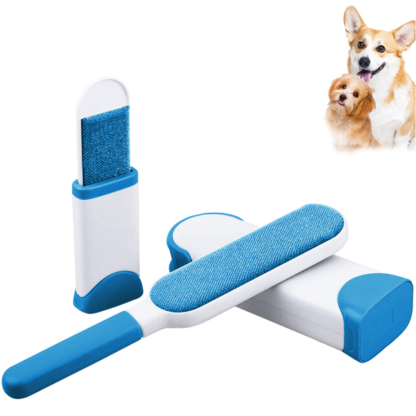 Pet Hair Remover Brush with Self Cleaning Base, Double-Sided Lint Brush Removes Dog Cat Fur from Clothing, Furniture, Car Set-Travel Size Included (Blue)