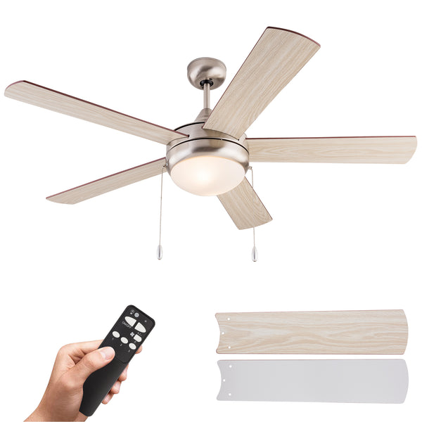 Simpol Home 52’’ Traditional Indoor Ceiling Fan with LED Light, Pull Chain and Remote Control, Reversible AC Motor, Walnut/Silver Reversible Blades and Brushed Nickel Finish
