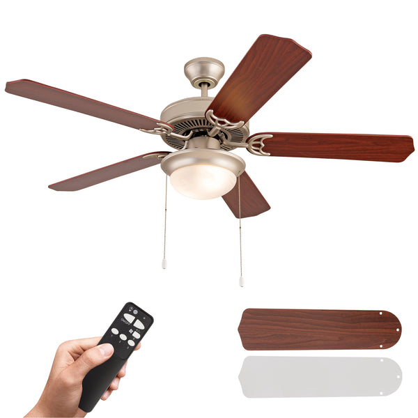 Simpol Home 52’’ Prominent Indoor Ceiling Fan with LED Light, Pull Chain and Remote Control, Reversible AC Motor, Walnut/Silver Reversible Blades and Satin Nickel Finish