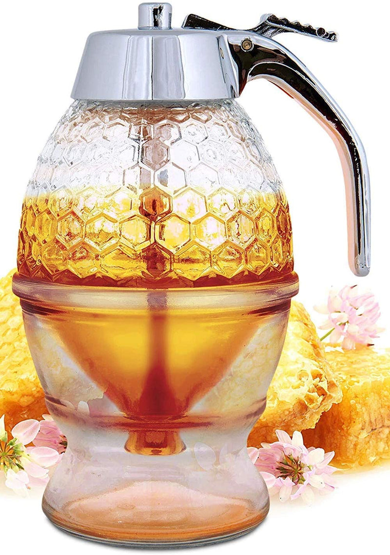 Honey Dispenser No Drip Glass - Maple Syrup Dispenser Glass - Beautiful Honey Comb Shaped Honey Pot - Honey Jar with Stand, Great Bee Decor