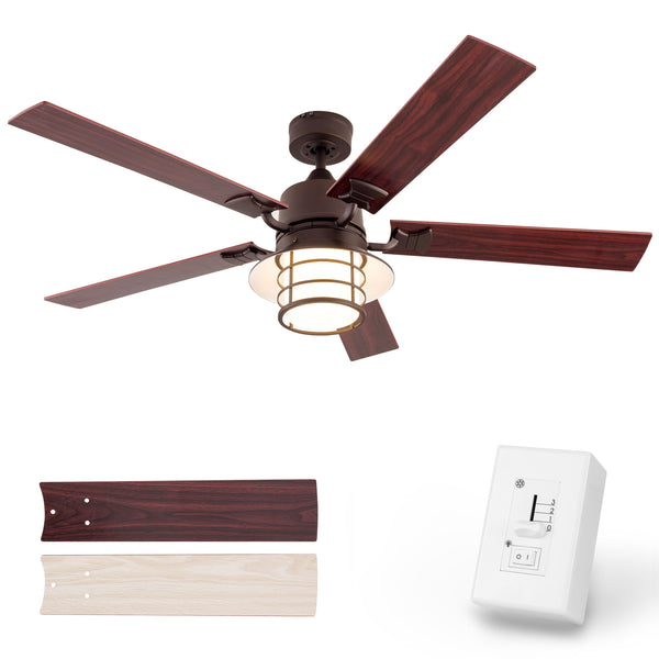 Simpol Home 52’’ Farmhouse Indoor Ceiling Fan with LED Light, Wall Control, Reversible AC Motor, Walnut/Oak Reversible Blades and Oil Rubbed Bronze Finish