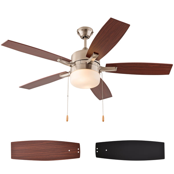 Simpol Home 52’’ Modern Indoor Ceiling Fan with LED Light, Pull Chain Control, Reversible AC Motor, Walnut/Black  Reversible Blades and Brushed Nickel Finish