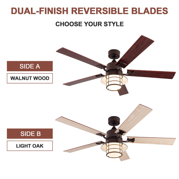 Simpol Home 52’’ Farmhouse Indoor Ceiling Fan with LED Light, Wall Control, Reversible AC Motor, Walnut/Oak Reversible Blades and Oil Rubbed Bronze Finish