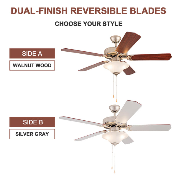 Simpol Home 52’’ Classic Indoor Ceiling Fan with LED Light, Pull Chain and Remote Control, Reversible AC Motor, Walnut/Silver Reversible Blades and Satin Nickel Finish