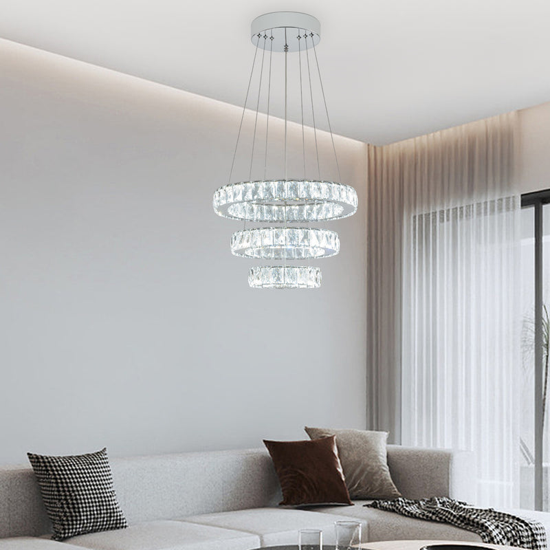 LED Crystal Chandeliers，Modern Ceiling Lights Fixture, Adjustable Stainless Steel Chrome Pendant Light，Rings Hanging Lights for Bedroom Living Room Dining Room