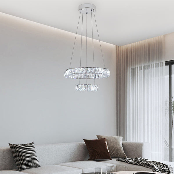 LED Crystal Chandeliers，Modern Ceiling Lights Fixture, Adjustable Stainless Steel Chrome Pendant Light，Rings Hanging Lights for Bedroom Living Room Dining Room