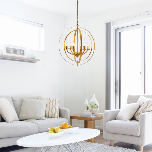 Golden Orb Chandeliers,Gold Pendant Lights for Kitchen Island, Modern 6 Lights Globe Pendant Light Fixtures, Adjustable Orbits Ring Hanging Light, Farmhouse Ceiling lights for Dining Room Bedroom Foyer Entryway and Living Room