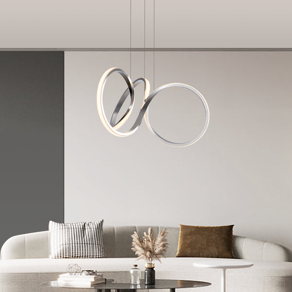 Modern LED Chandeliers, 3000K Dimmable Curved Irregular Ring Ceiling Light, Circular Pendant Light Fixture, Contemporary Hanging Lamp for Dining Room, Living Room, Bedroom, Kitchen Island and Entryway (Silver)