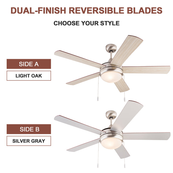Simpol Home 52’’ Traditional Indoor Ceiling Fan with LED Light, Pull Chain and Remote Control, Reversible AC Motor, Walnut/Silver Reversible Blades and Brushed Nickel Finish