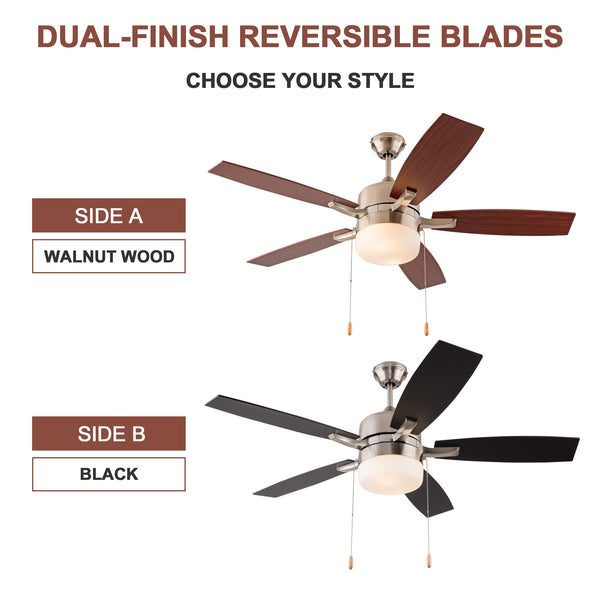 Simpol Home 52’’ Modern Indoor Ceiling Fan with LED Light, Pull Chain Control, Reversible AC Motor, Walnut/Black  Reversible Blades and Brushed Nickel Finish